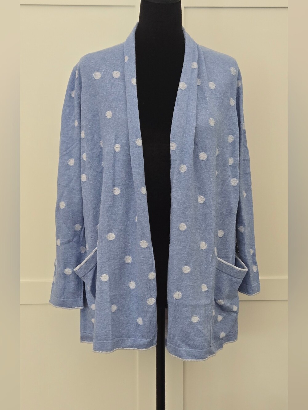 NWT Habitat Clothes Cornflower Blue Polka Dot Open Front Knit Pocket Cardigan S